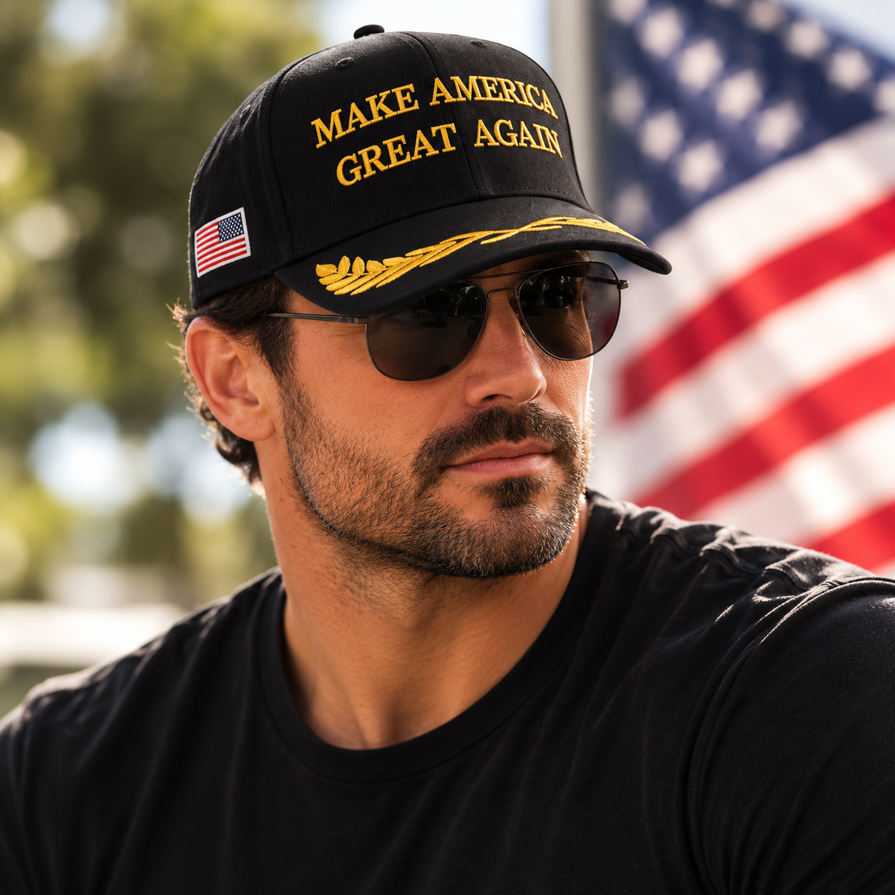 MAGA Make America Great Again Red Baseball Cap Gold Embroidered USA Flag Hat