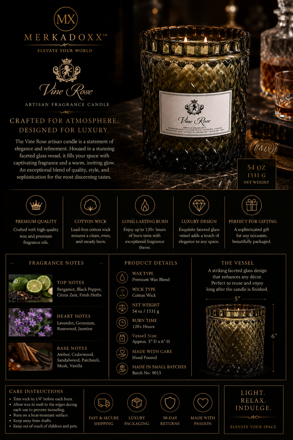 Merkadoxx Vine Rose candle with detailed product information on a dark background