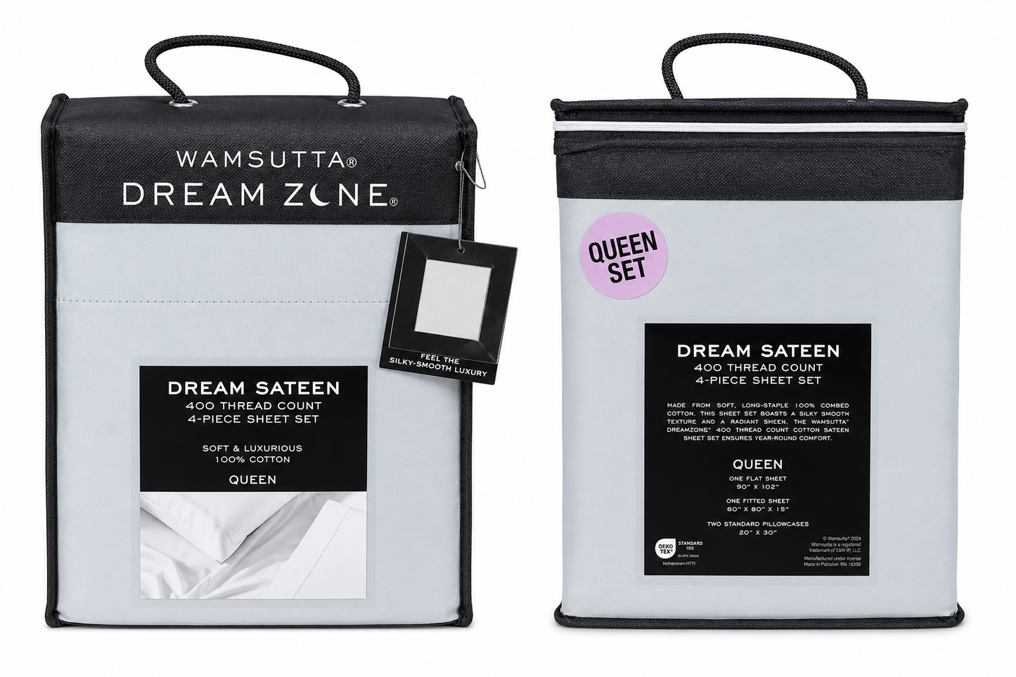 Two packages of Wamsutta Dream Zone sheet sets with labels on a white background.