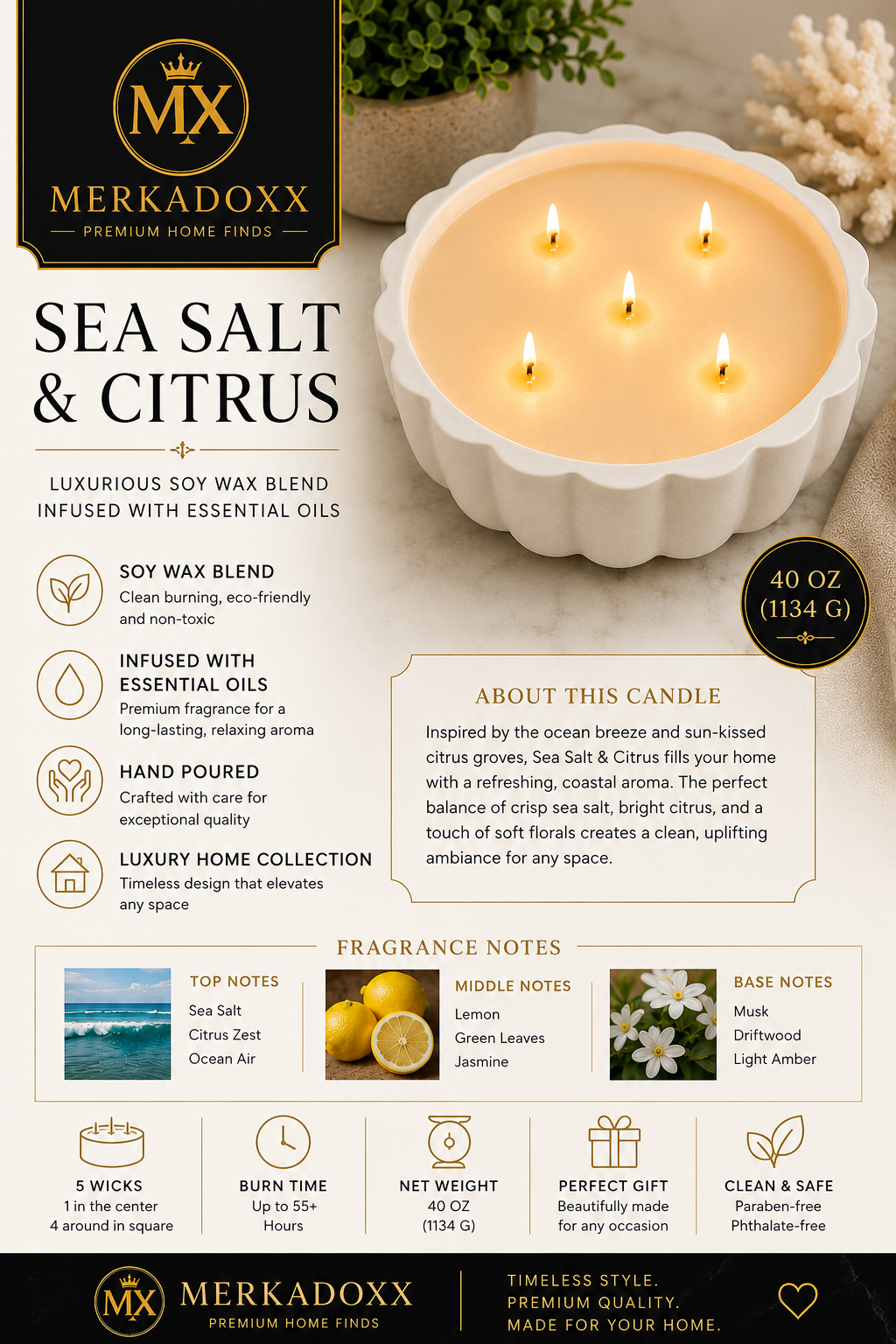 Merkadoxx Sea Salt & Citrus candle with product details on a beige background