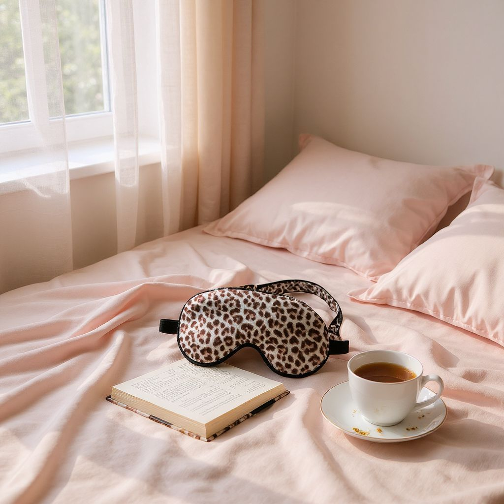 Leopard print eye mask, book, and cup of coffee on a bed with pink bedding.