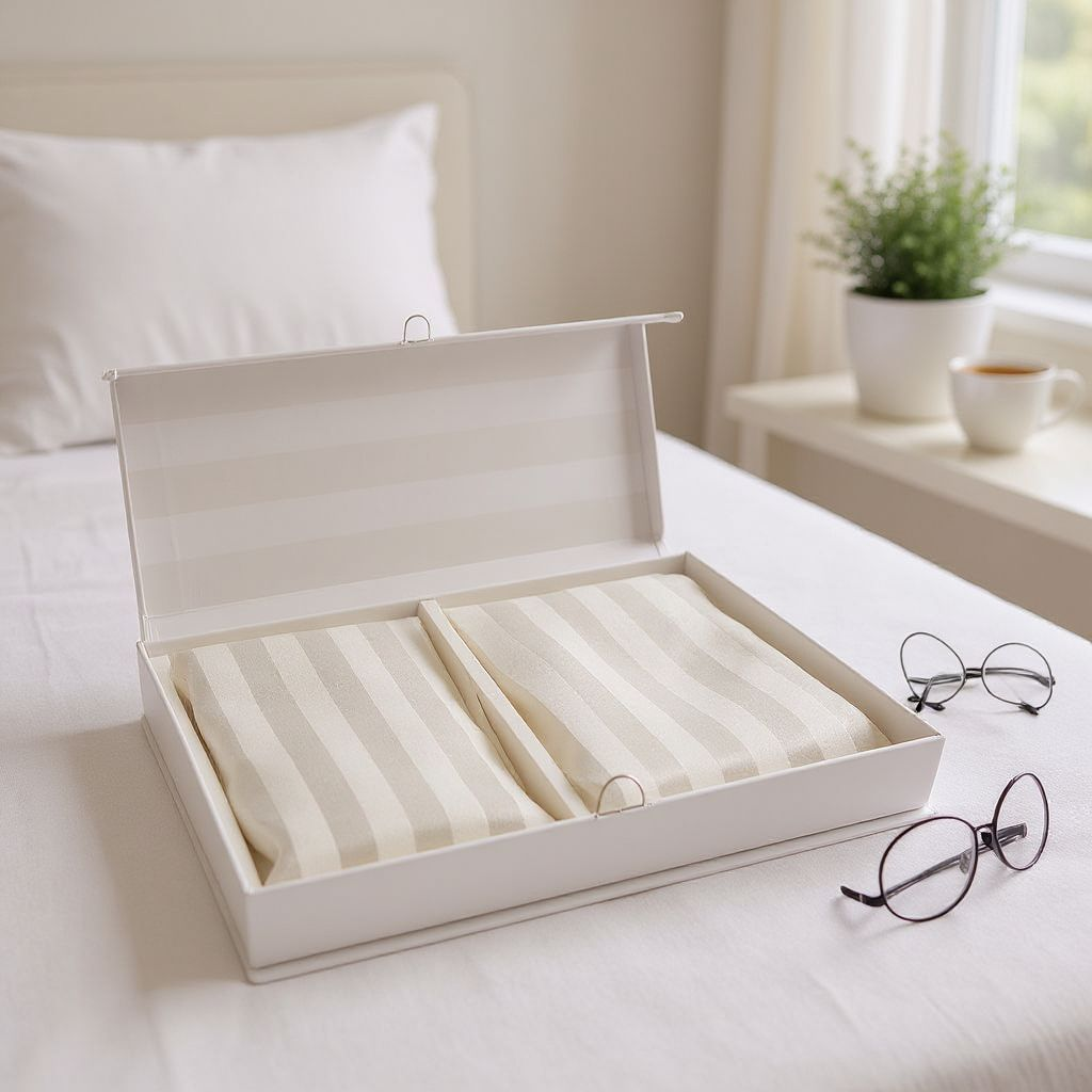 Open white box containing eyeglasses on a bed with a blurred background