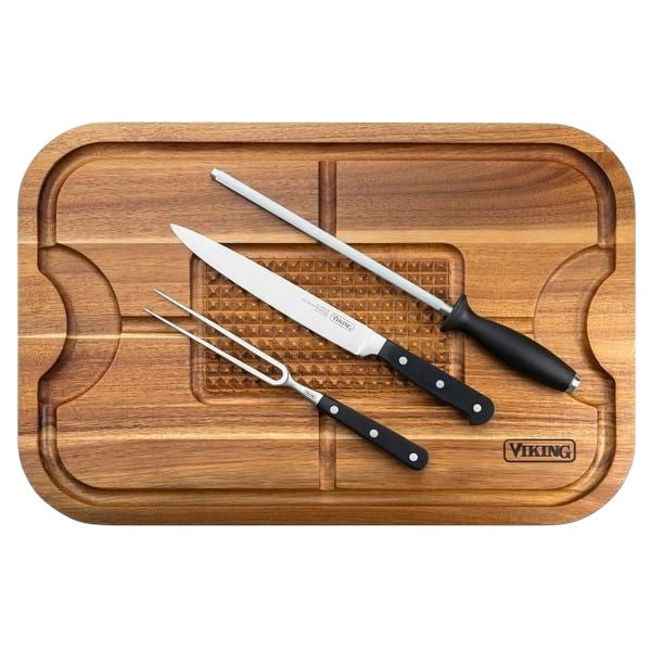 Viking Acacia Carving and Cutting Board with 3-Piece Stainless Steel Carving Set