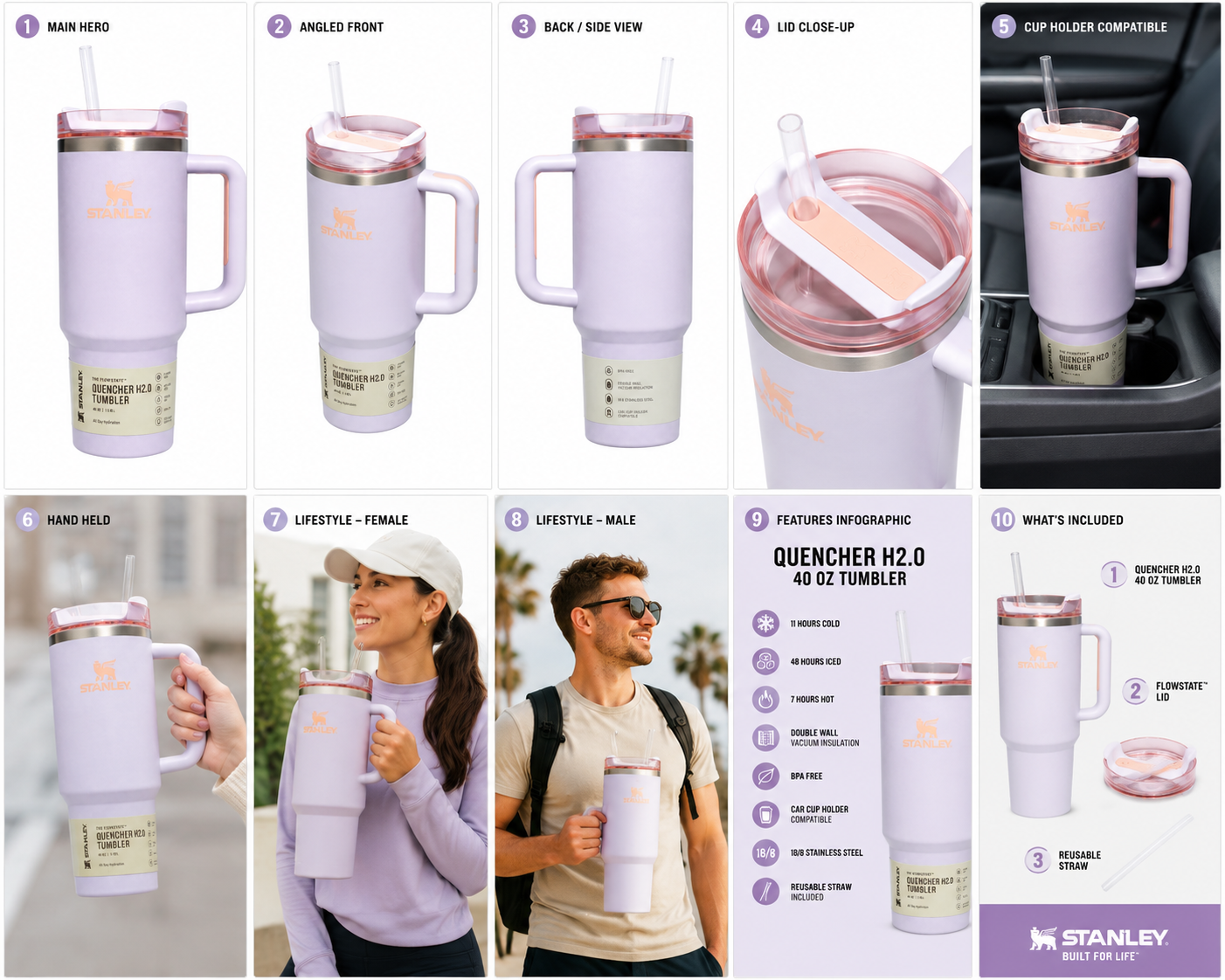 Stanley Quencher H2.0 40 oz lavender tumbler with handle and straw