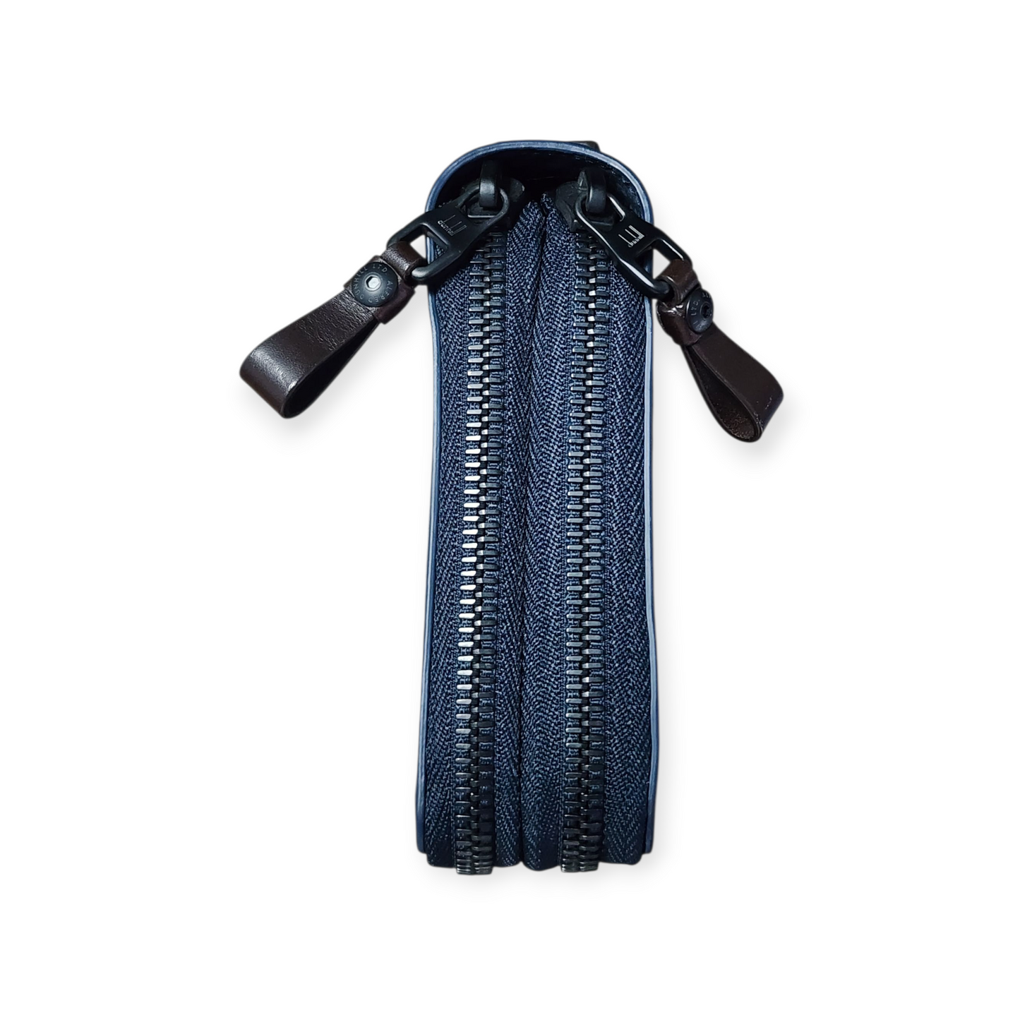 Authentic Dunhill Navy Blue Chassis Leather Double-Zip Organizer Pouch Wallet