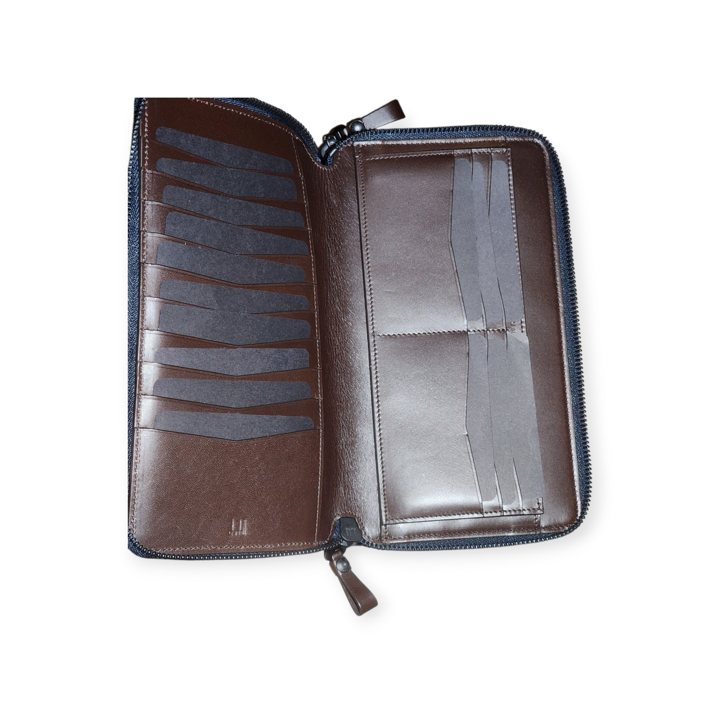 Authentic Dunhill Navy Blue Chassis Leather Double-Zip Organizer Pouch Wallet