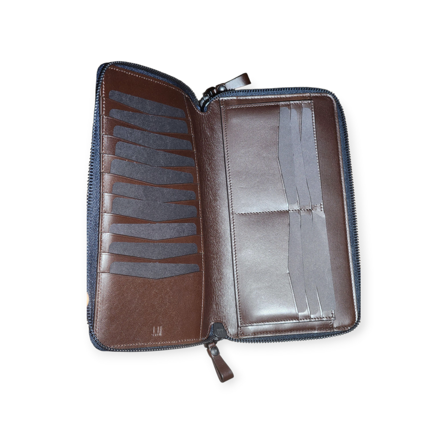 Authentic Dunhill Navy Blue Chassis Leather Double-Zip Organizer Pouch Wallet