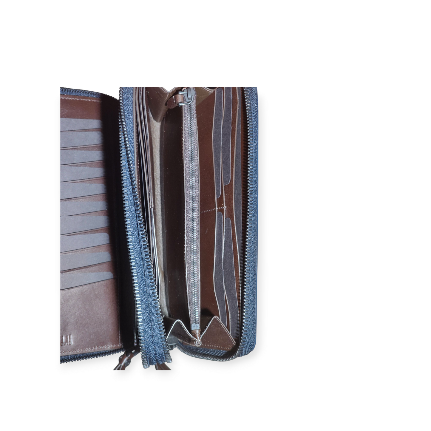 Authentic Dunhill Navy Blue Chassis Leather Double-Zip Organizer Pouch Wallet