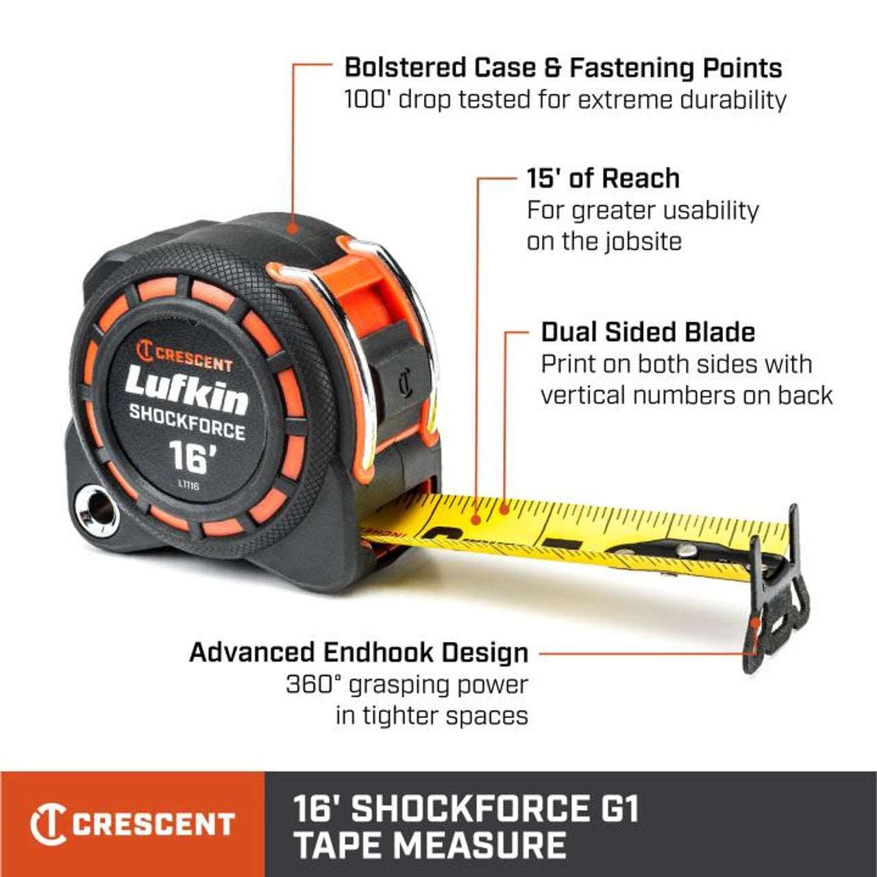 "Crescent Lufkin 16'x1-3/16" Tape Measure with ShockForce Technology