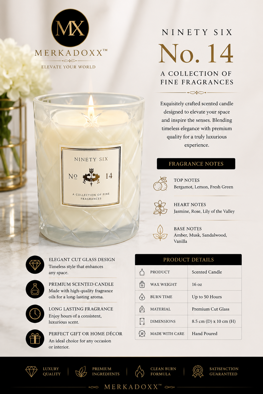 Merkadoxx candle with product details on a white background