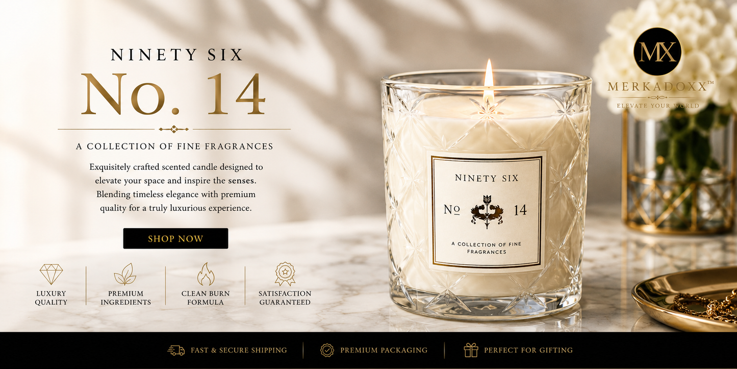 Ninety Six No. 14 candle with branding and product details on a neutral background