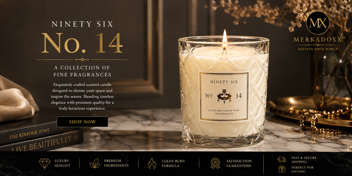 Fragrance candle with branding and product details on a dark background
