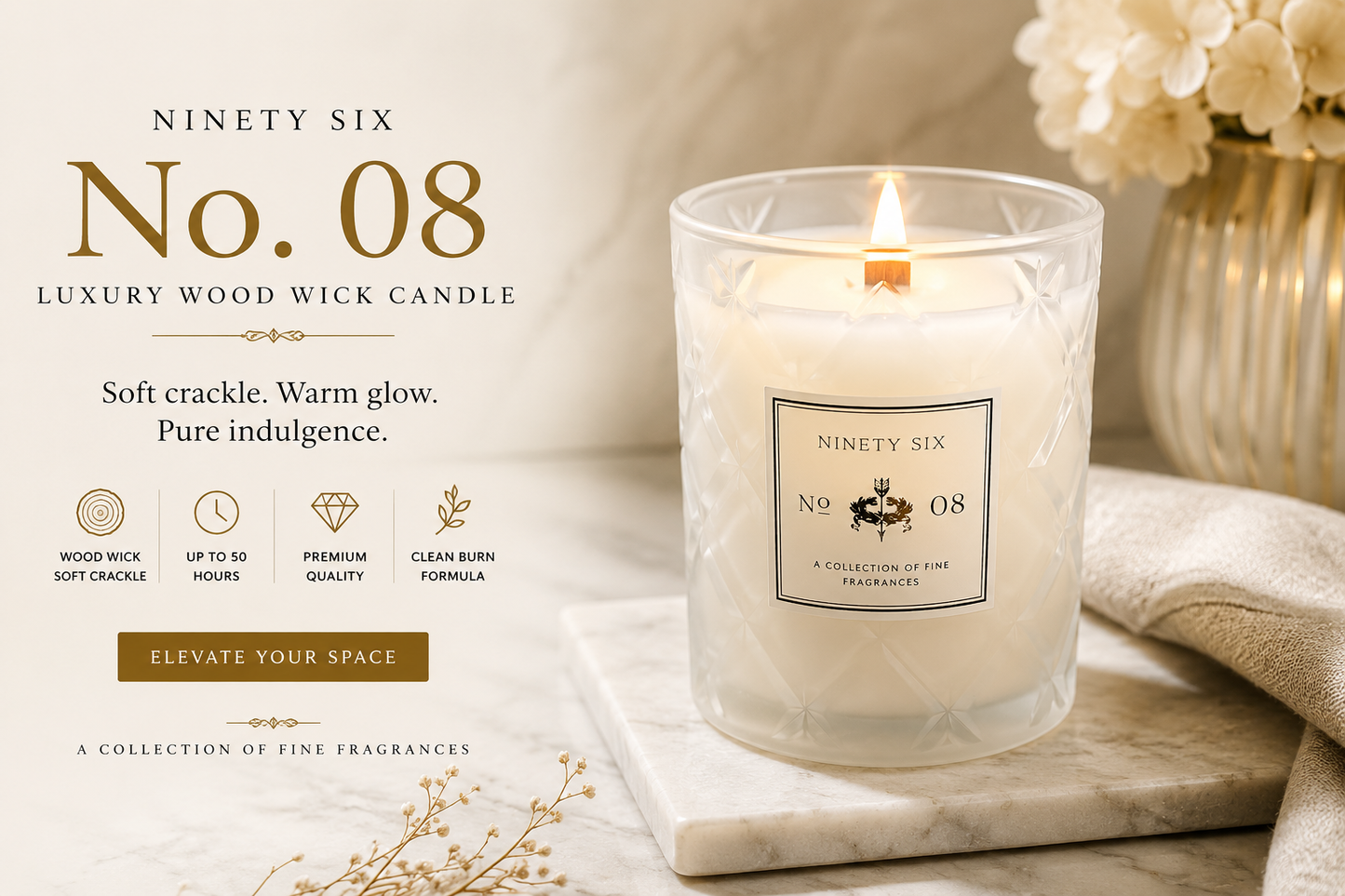 Ninety Six No. 08 luxury wood wick candle on a marble coaster with decorative elements.