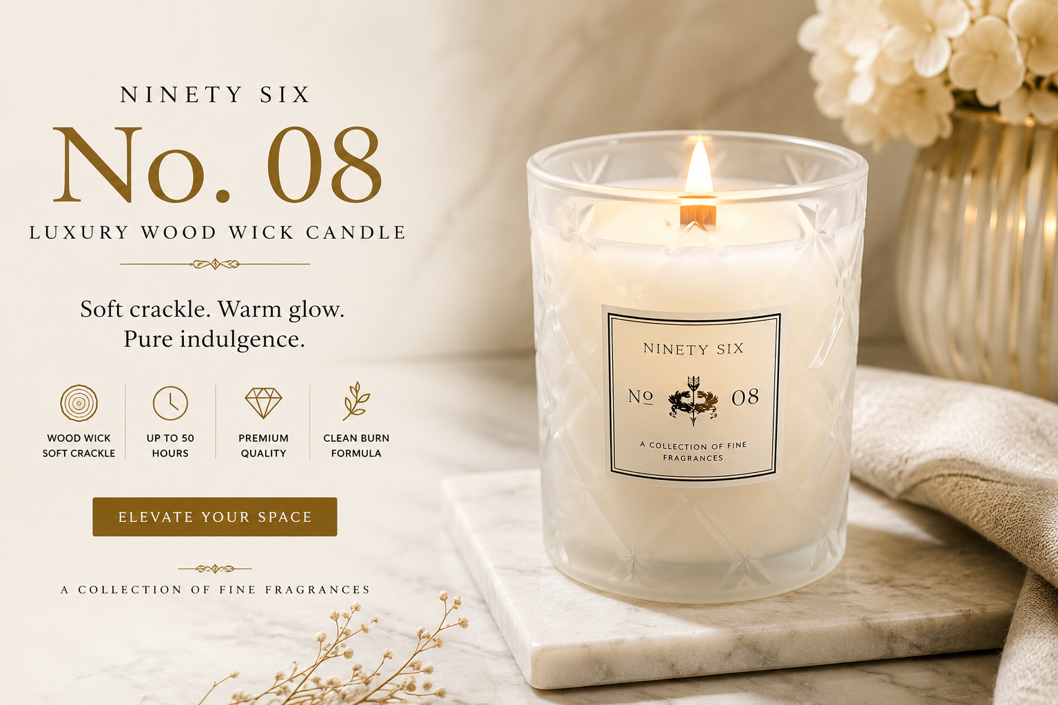 Ninety Six No. 08 luxury wood wick candle on a marble coaster with decorative elements.
