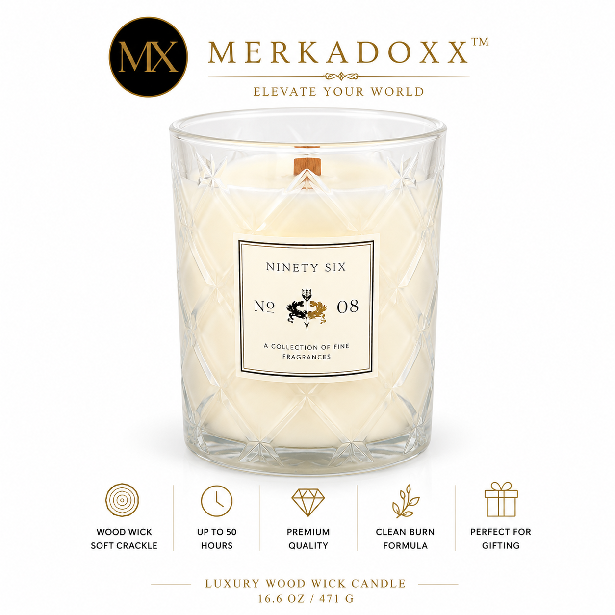 Merkadoxx luxury wood wick candle with branding and product details on a white background