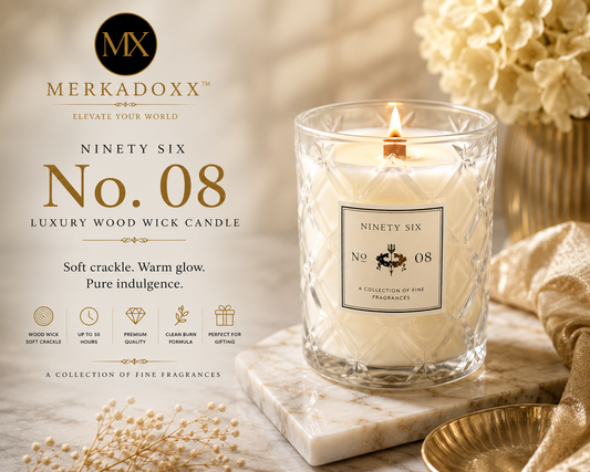 Luxury candle with Merkadoxx branding on a marble surface with decorative elements.