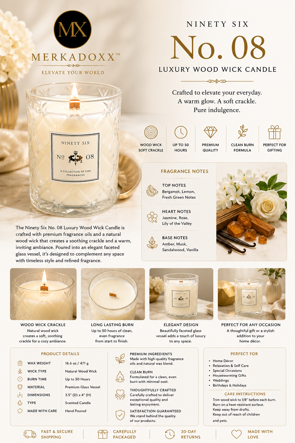 Merkadoxx luxury wood wick candle with product details and features.