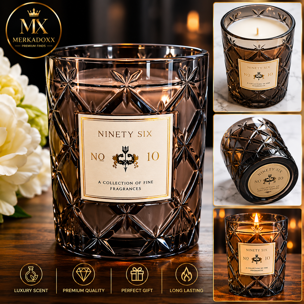 Luxury candle with diamond pattern and 'Ninety Six' label, surrounded by flowers and additional product images.