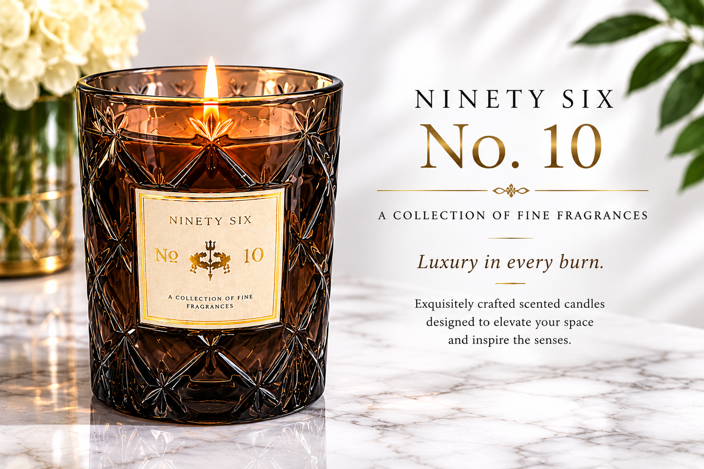 Ninety Six No. 10 candle on a marble surface with decorative elements.
