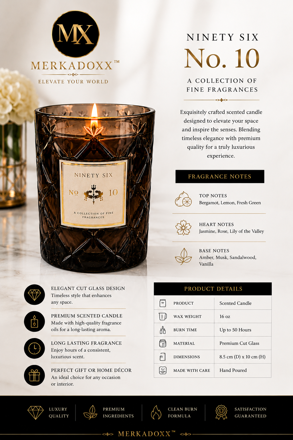 Merkadoxx candle with product details on a white background
