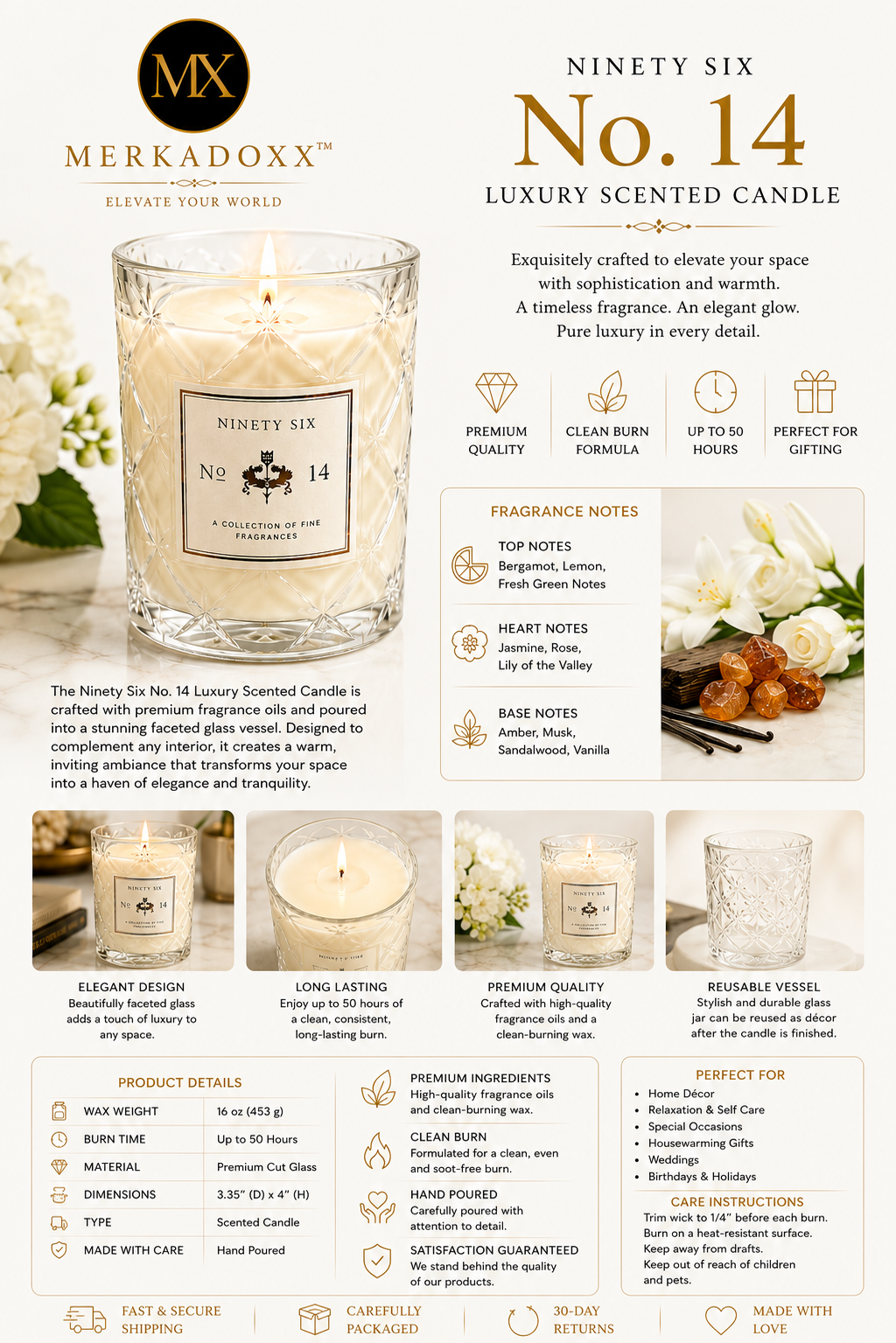 Merkadoxx luxury scented candle with product details and branding.