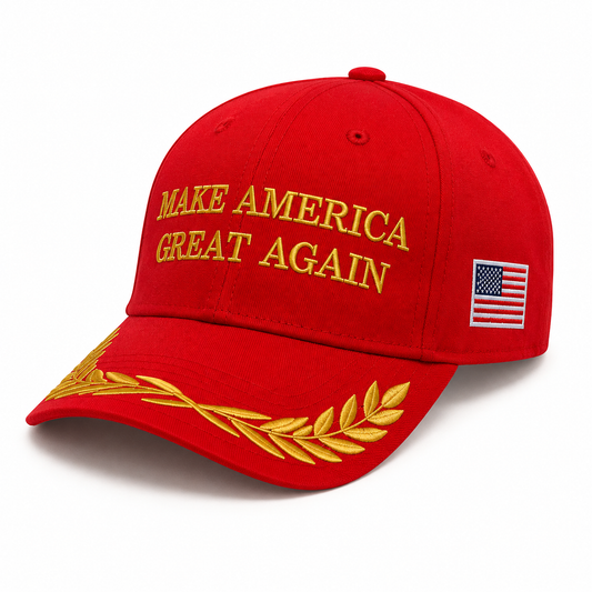 MAGA Make America Great Again Red Baseball Cap Gold Embroidered USA Flag Hat