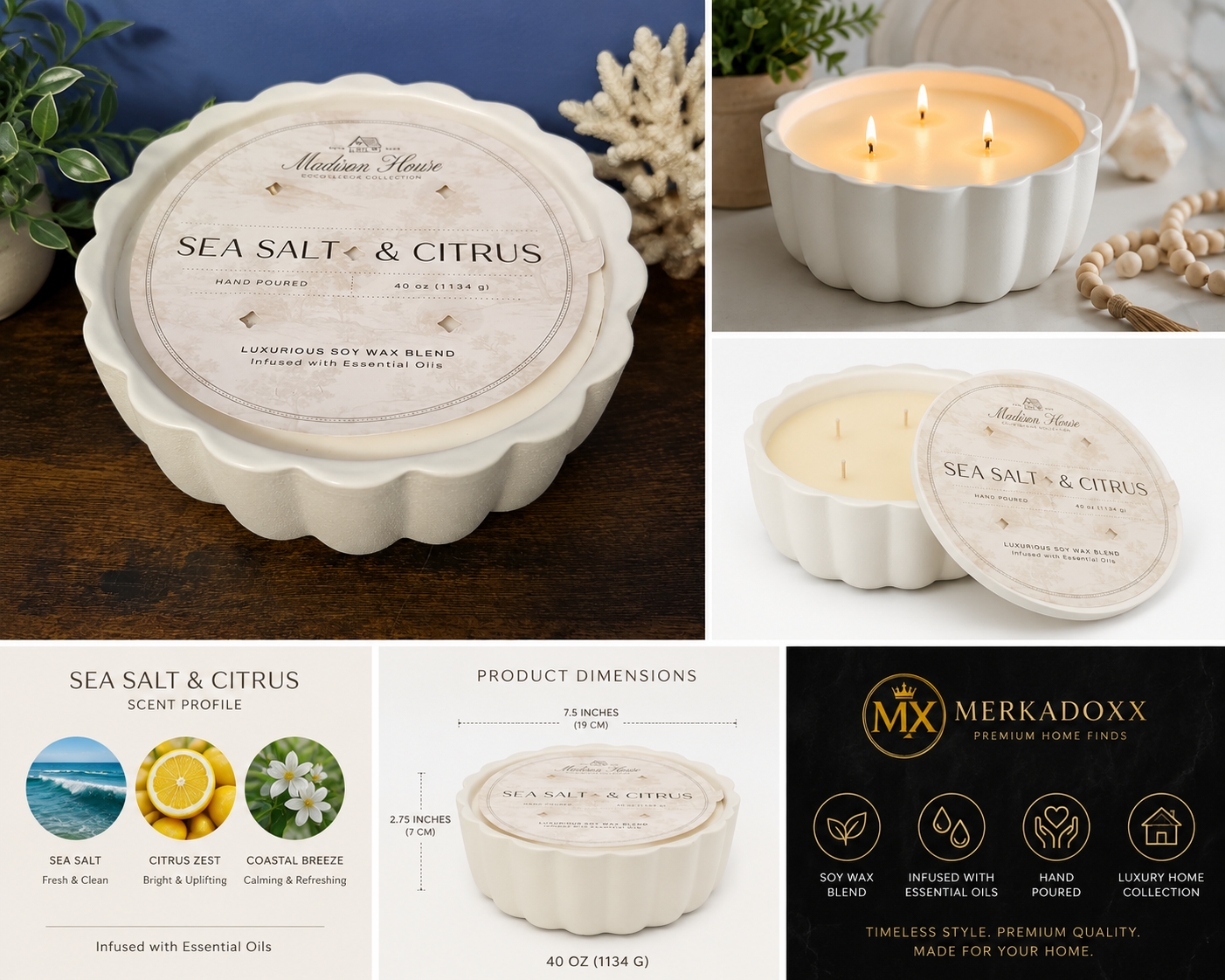 Collage of Merkadoxx Sea Salt & Citrus candles with packaging and product details.
