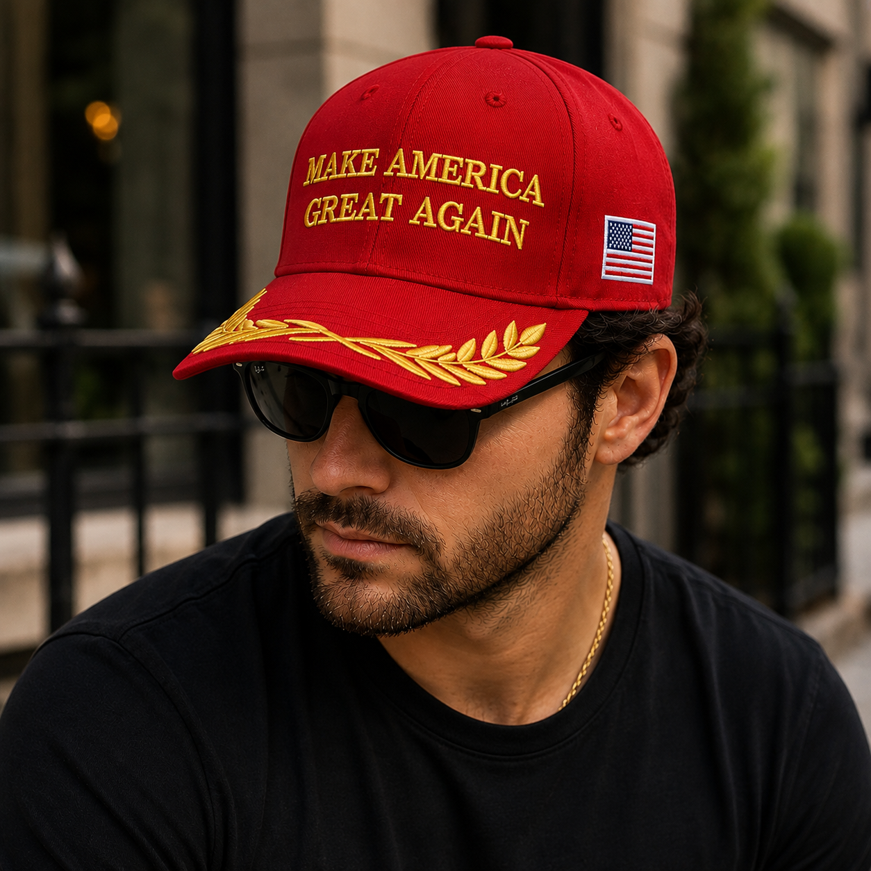 MAGA Make America Great Again Red Baseball Cap Gold Embroidered USA Flag Hat