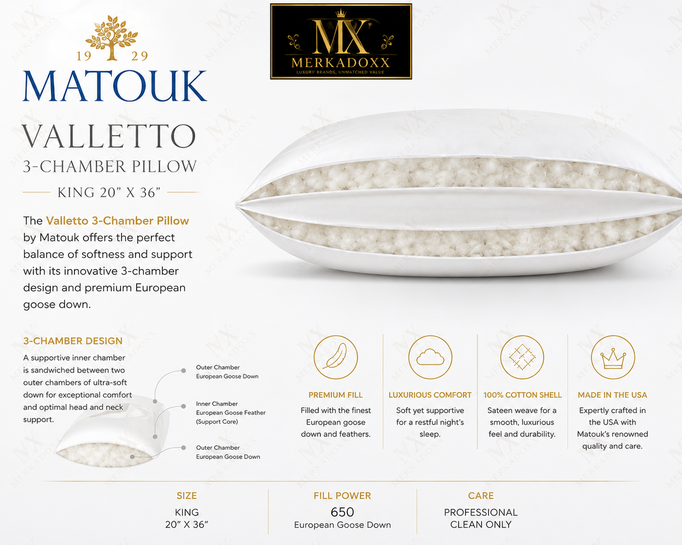 Matouk Valleto Pillow King Size 20"x36" Medium 3-Chamber Cotton Sateen Shell