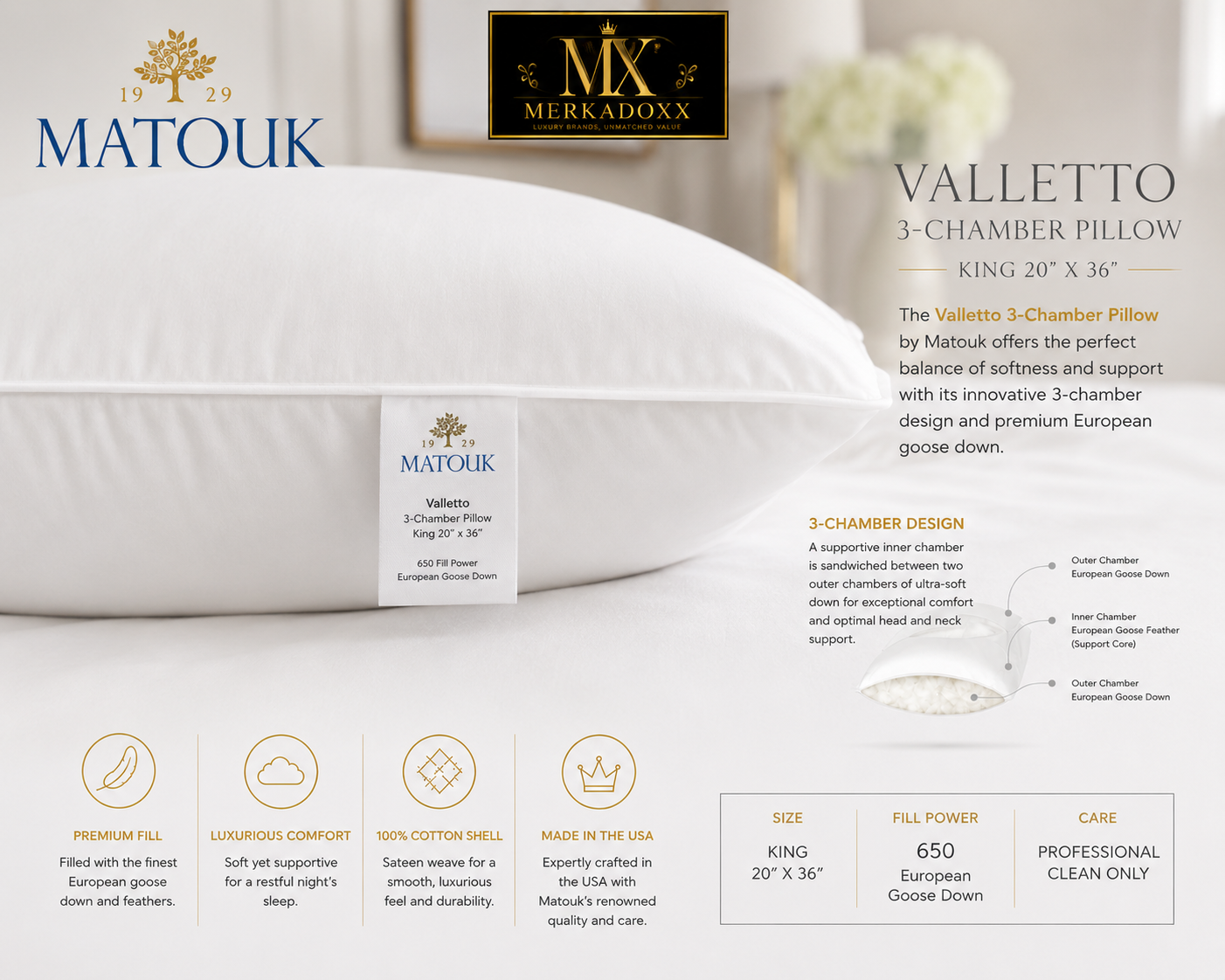 Matouk Valleto Pillow King Size 20"x36" Medium 3-Chamber Cotton Sateen Shell