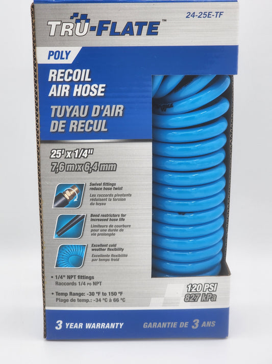 Tru-Flate 25 ft Recoil Air Hose: 1/4 inch Diameter (7.6mx6.4mm), 120 PSI