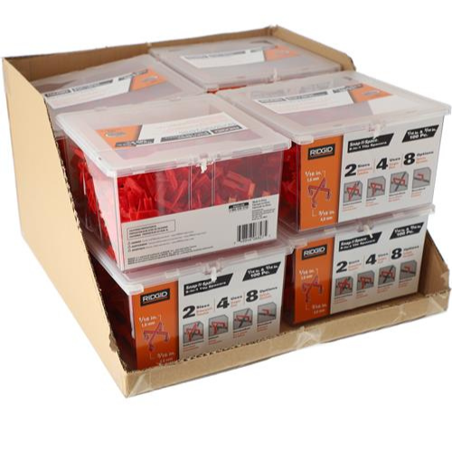 **Alt text:** Ridgid Tile Spacers 100 pc Snap-N-Space dual-sided design for precise 1/16 inch and 3/16 inch grout lines, versatile tile spacers for consistent grout spacing, easy to use and durable for professional and DIY tile installations.