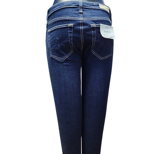 Blue jeans with a visible brand tag on a white background