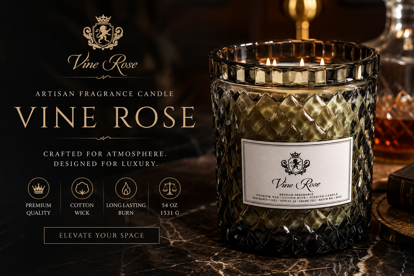 Vine Rose artisan fragrance candle on a dark surface with brand details.