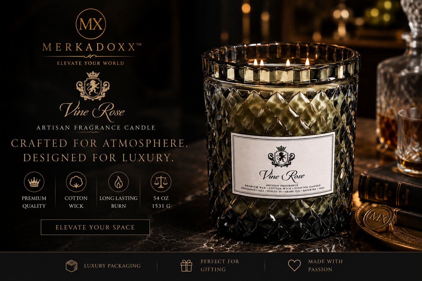 Merkadoxx Vine Rose candle with branding and product details on a dark background