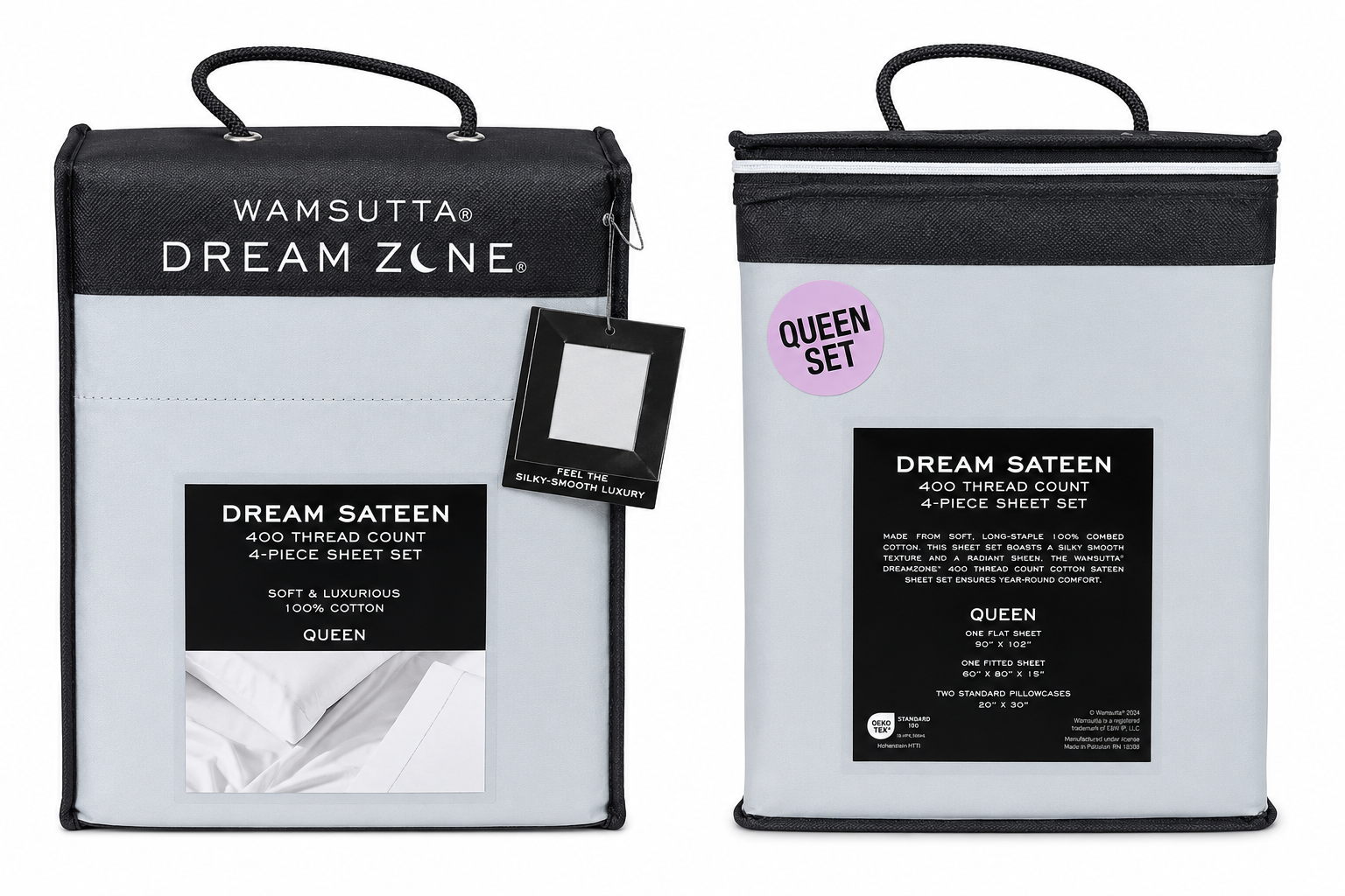 Two packages of Wamsutta Dream Zone sheet sets with labels on a white background.