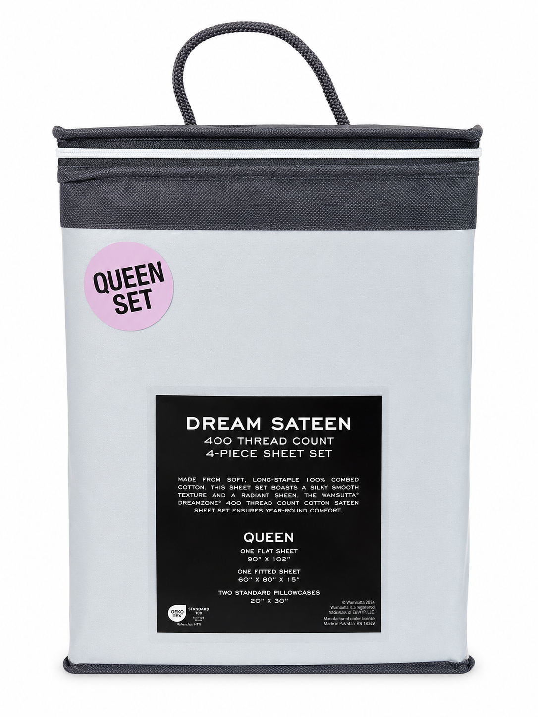 Dream Sateen sheet set packaging with branding and product details on a white background