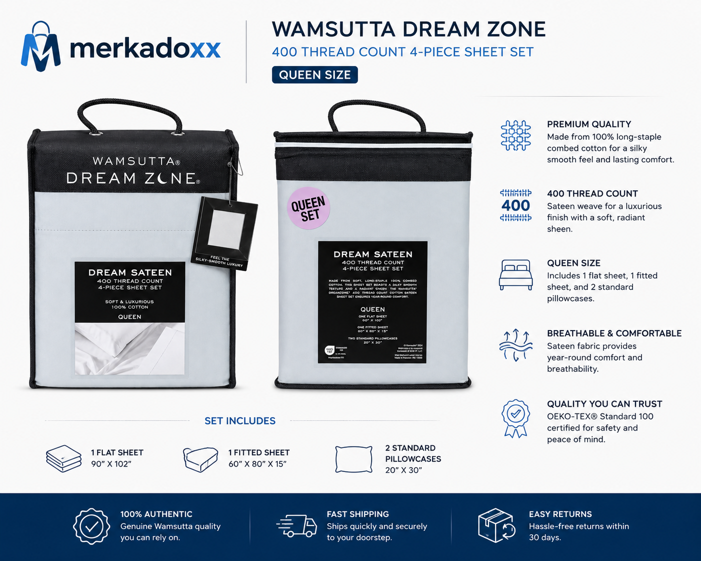 Merkadoxx Wamsutta Dream Zone 400 thread count 4-piece sheet set packaging with product details.