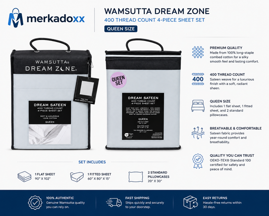 Merkadoxx Wamsutta Dream Zone 400 thread count 4-piece sheet set packaging with product details.
