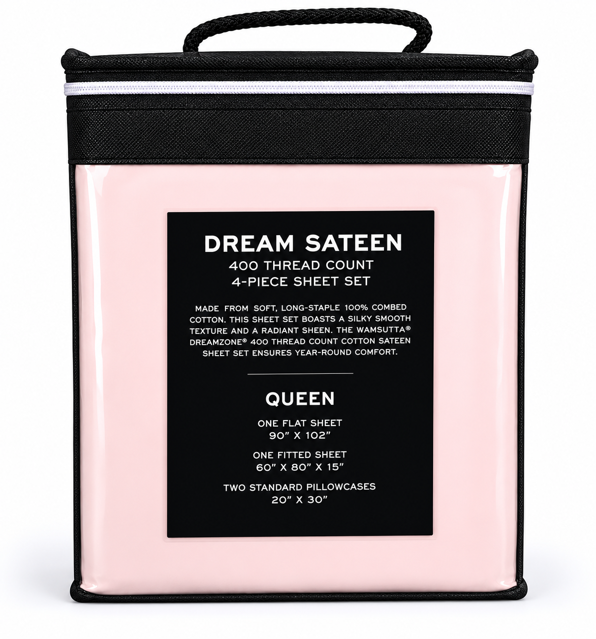 Pink packaging with black label for Dream Sateen 400 thread count sheet set on a white background