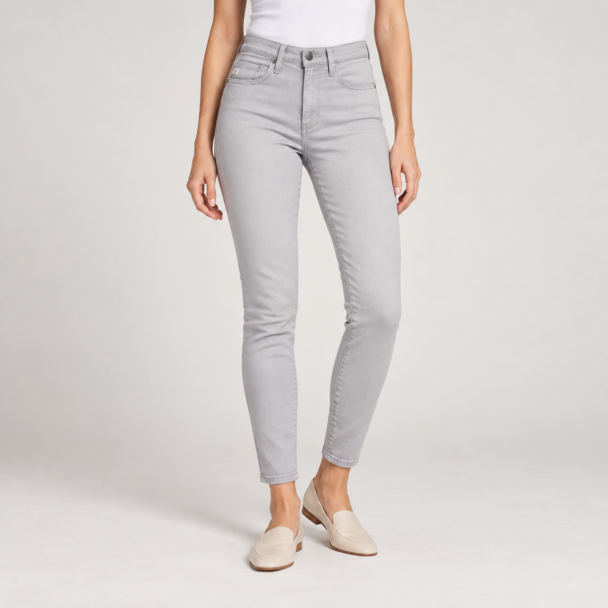 AI model illustration of light gray AG Farrah high-rise skinny ankle jeans