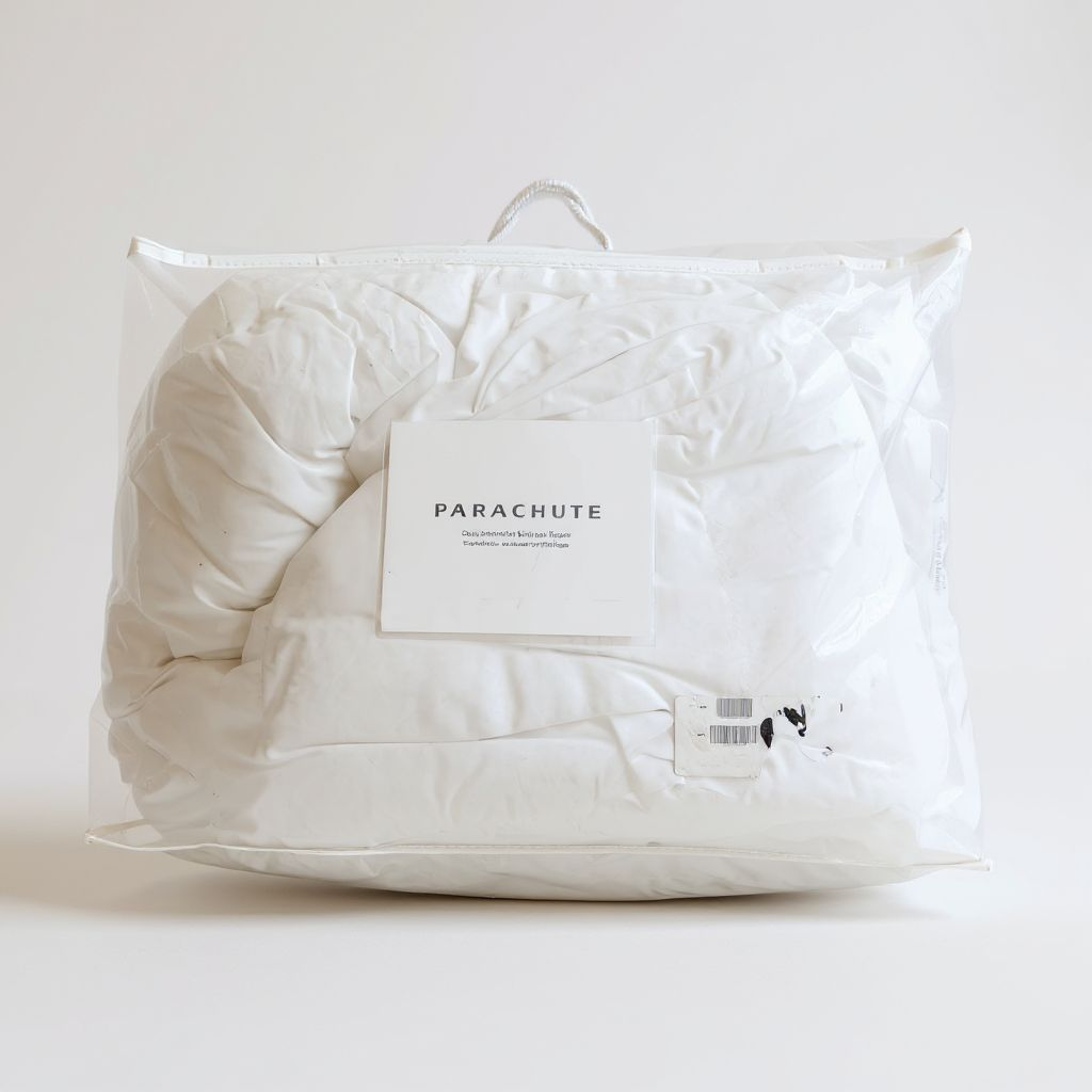 White quilt in clear packaging with 'Parachute' label on a white background