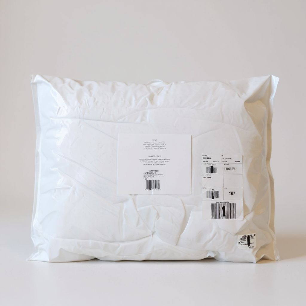 White Mattress topper with shipping labels on a white background