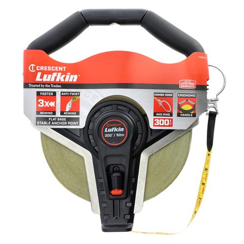 Crescent Lufkin 300ft x 1/2in measuring tape, flat base, stable anchor, 3x faster rewind, anti-twist, ergonomic handle, combo hook and ring, lifetime warranty, durable, efficient, precision tool.
