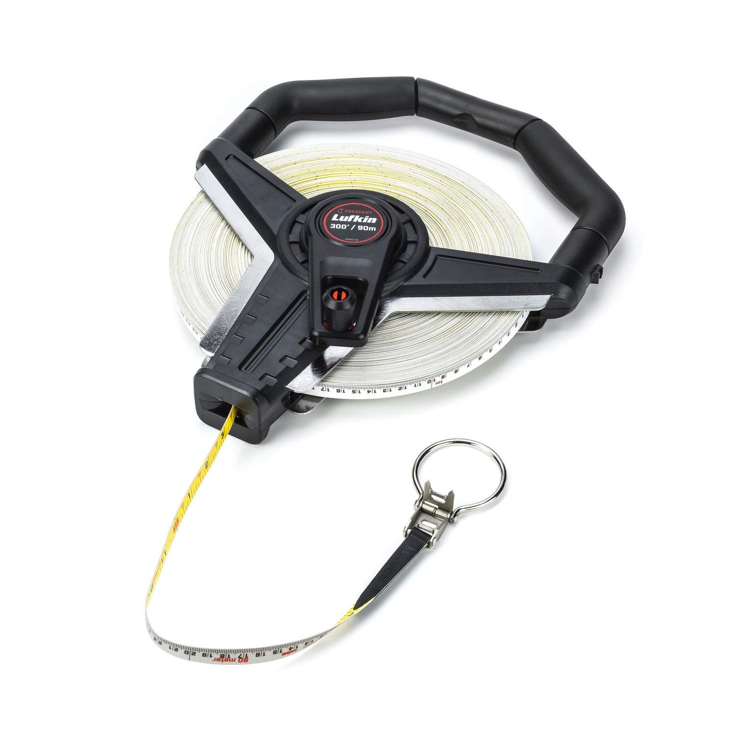 Crescent Lufkin 300ft x 1/2in measuring tape, flat base, stable anchor, 3x faster rewind, anti-twist, ergonomic handle, combo hook and ring, lifetime warranty, durable, efficient, precision tool.
