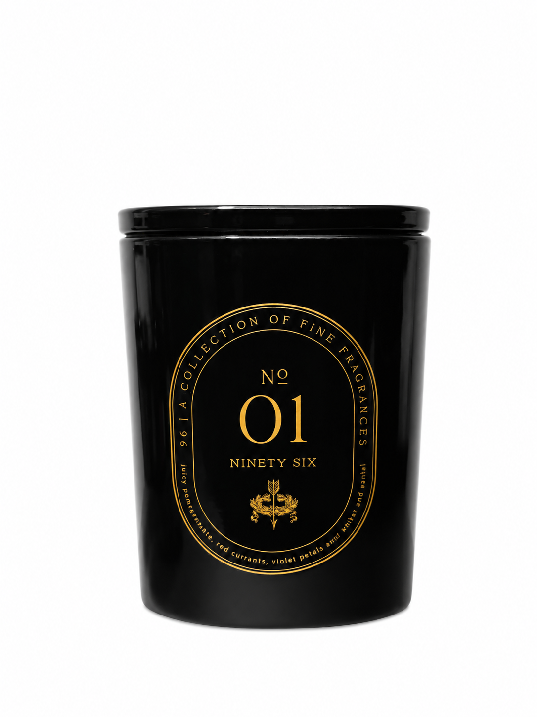 Black candle with gold label on a white background