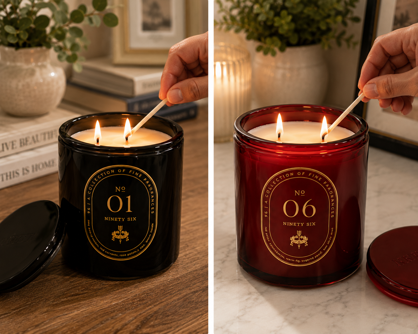 Two candles being lit with a hand, one black and one red, on a wooden and marble surface.