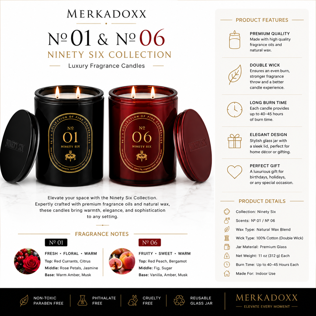 Merkadoxx luxury fragrance candles with product features and details on a white background