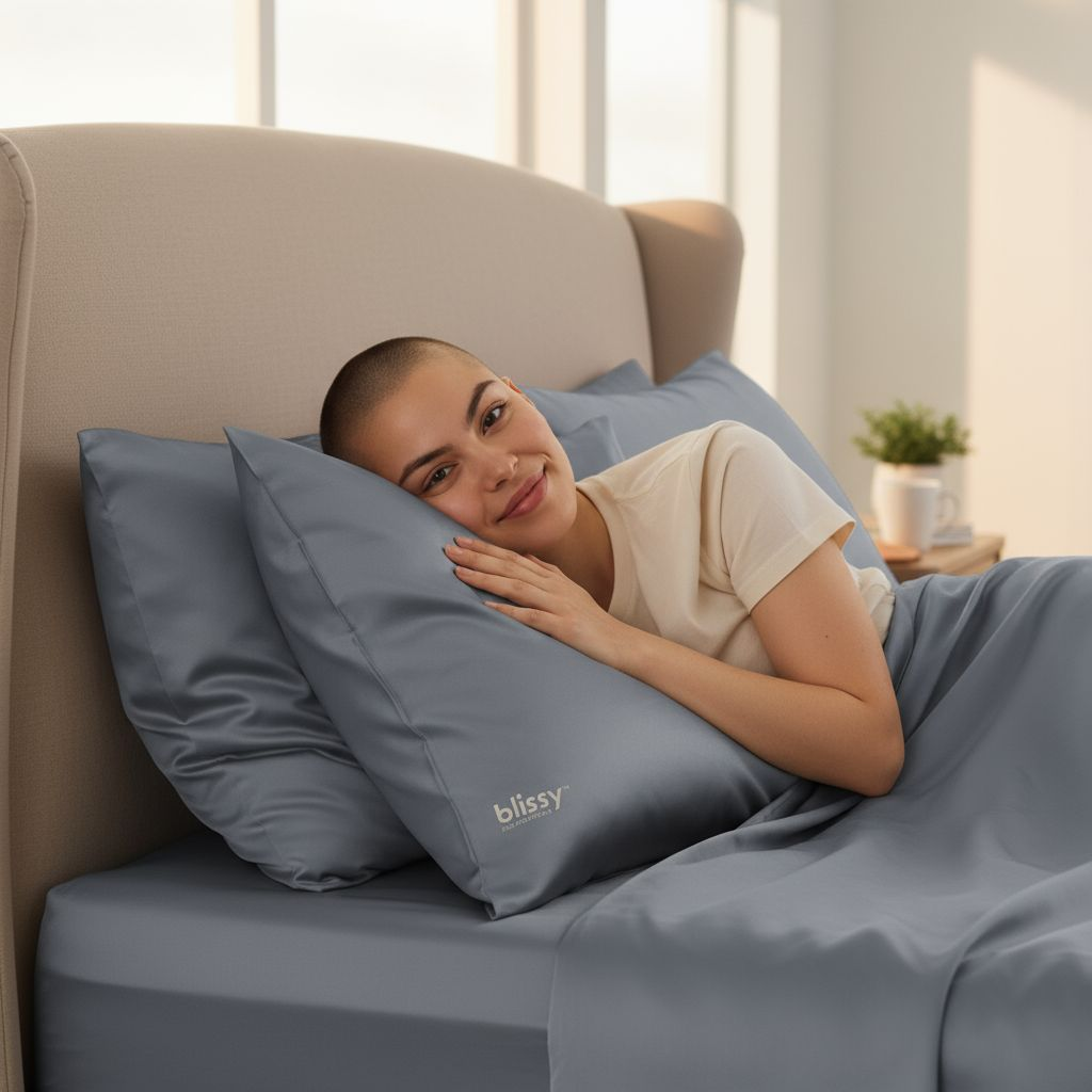 Woman lying on a bed with blue bedding and pillows, smiling at the camera.