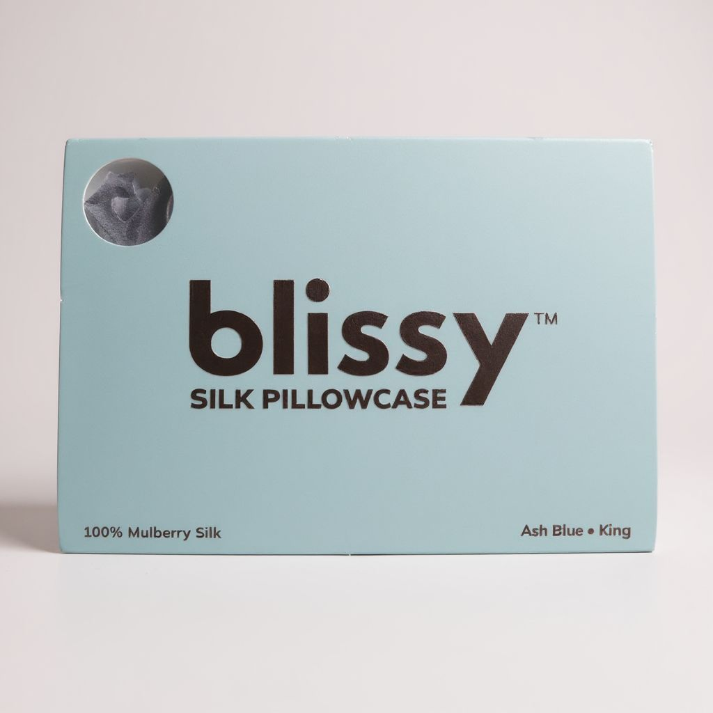 Box of blissy silk pillowcase on a light gray background
